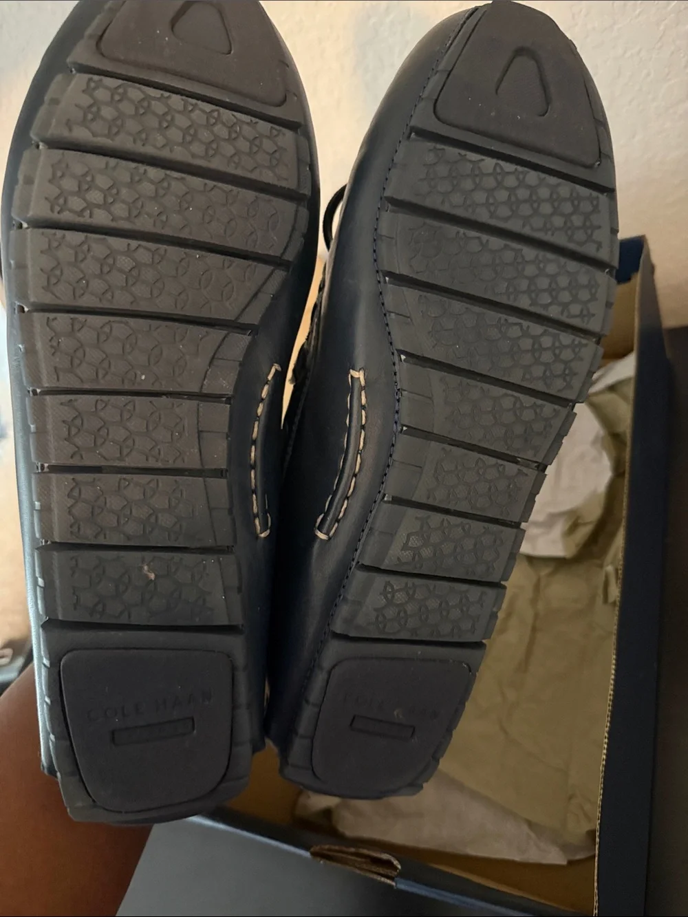 Cole Haan Navy Leather Men’s Boat Shoes with Contrast Stitching